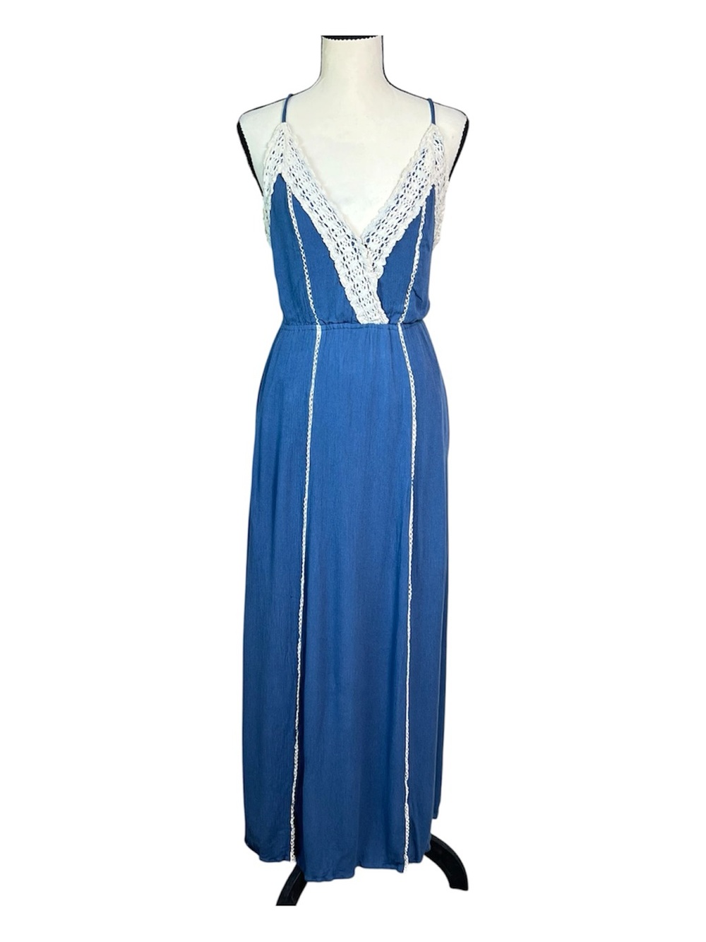 ILLA ILLA Maxi Dress Lace Trim Open Back Dusty Blue Sz Small Boho Cottagecore